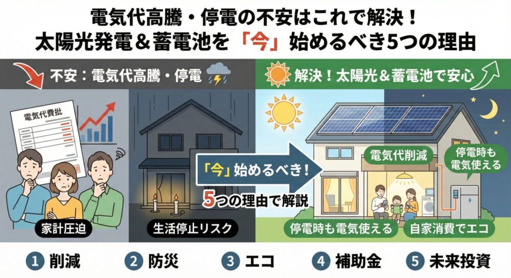 電気代高騰・停電の不安はこれで解決！太陽光発電＆蓄電池を「今」始めるべき5つの理由