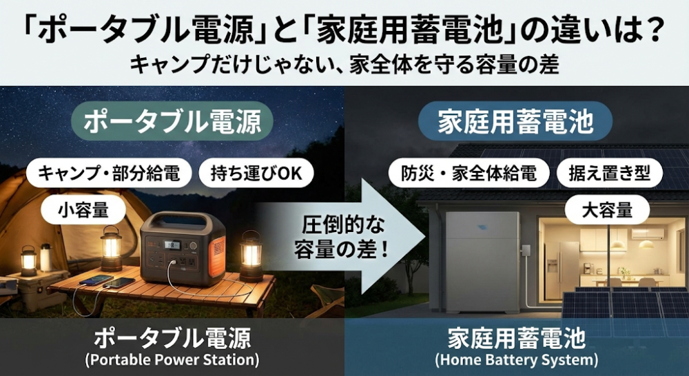「ポータブル電源」と「家庭用蓄電池」の違いは？キャンプだけじゃない、家全体を守る容量の差