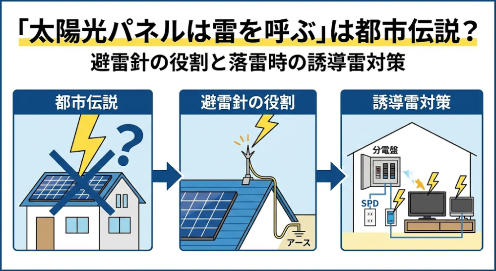 「太陽光パネルは雷を呼ぶ」は都市伝説？避雷針の役割と落雷時の誘導雷対策