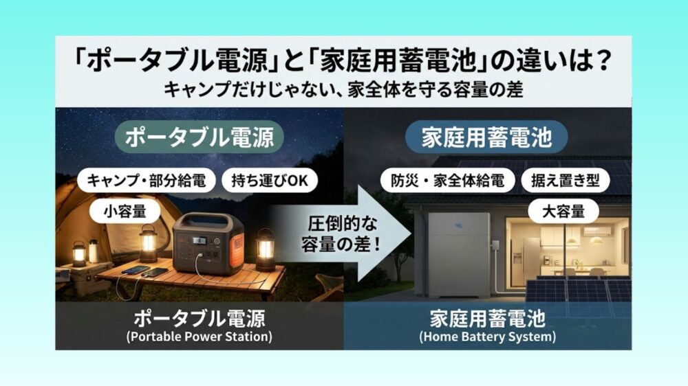 「ポータブル電源」と「家庭用蓄電池」の違いは？キャンプだけじゃない、家全体を守る容量の差