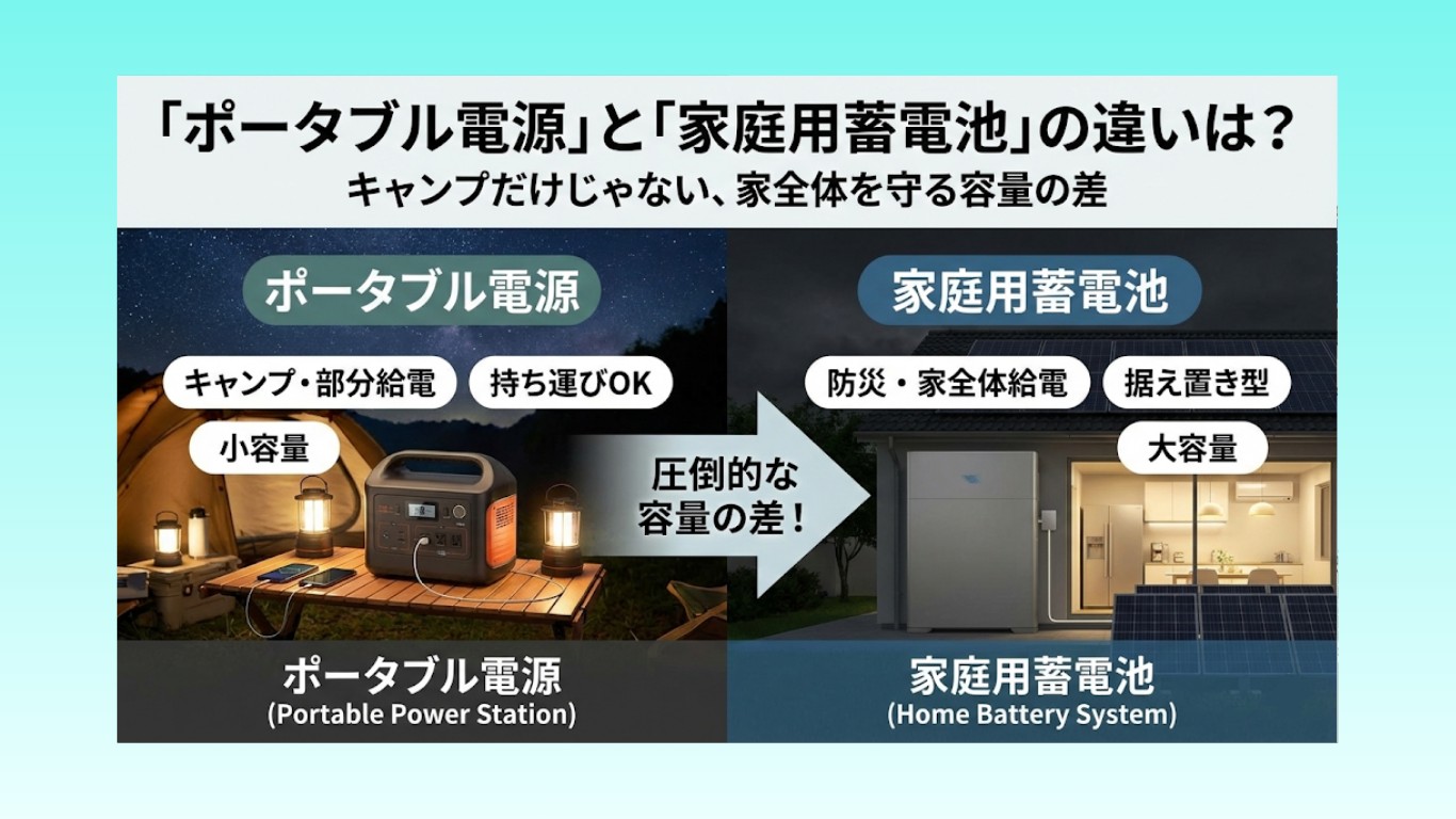 「ポータブル電源」と「家庭用蓄電池」の違いは？キャンプだけじゃない、家全体を守る容量の差