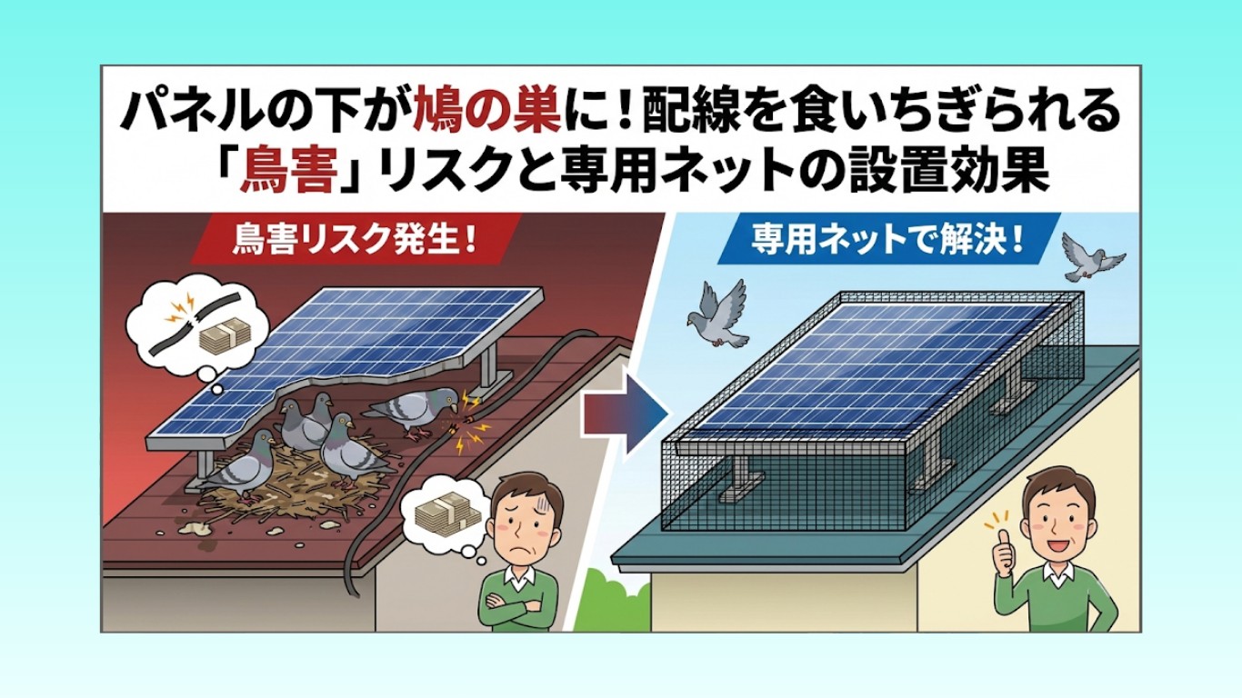 パネルの下が鳩の巣に！配線を食いちぎられる「鳥害」リスクと専用ネットの設置効果