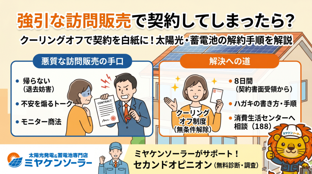 【訪問販売トラブル】「契約するまで帰らない…」太陽光・蓄電池の悪質業者に契約させられた場合の対処法とクーリングオフ制度